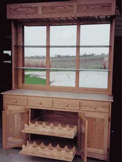 Amish Custom Made Oak Bar Hutch with Wine Glass Rack, Bottle Storage, and Mirrored Back